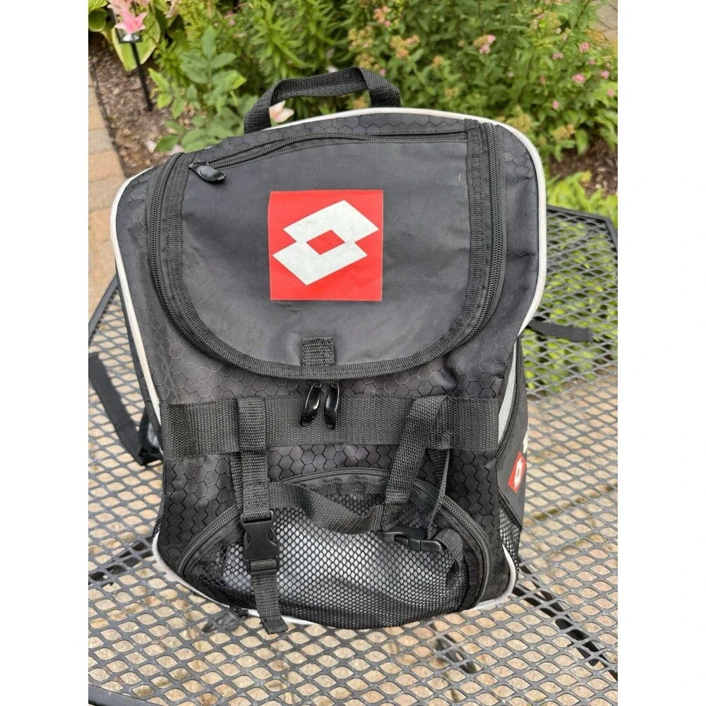 Vintage 90s Lotto Spell Out Box Logo Soccer Football Backpack Book Bag Black